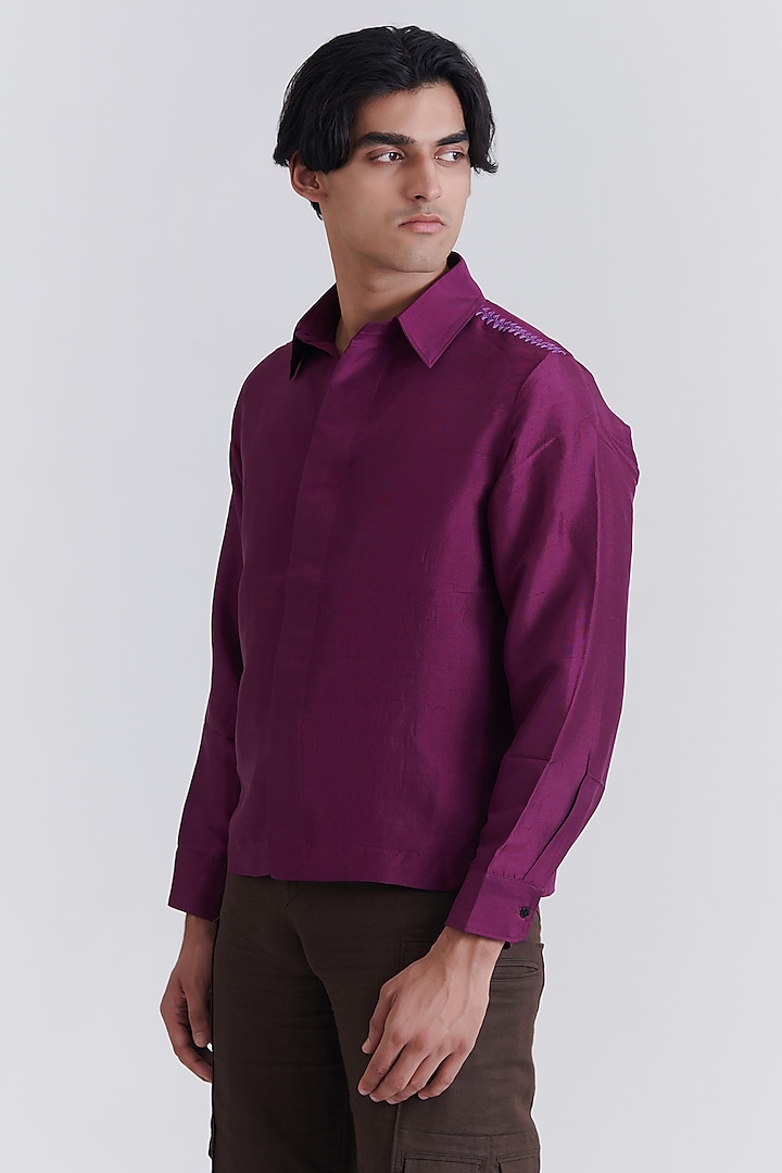 Dark Purple Silk Hand Embroidered Shirt by No Grey Area