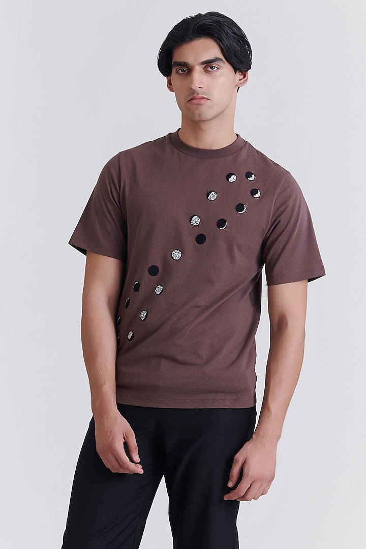 Brown Cotton Moon T-Shirt by No Grey Area