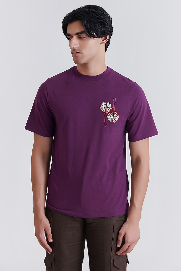 Dark Purple Cotton Embroidered T-Shirt by No Grey Area