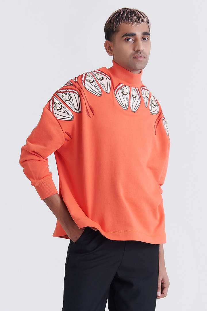 Pumpkin Orange Cotton Embroidered Sweatshirt by No Grey Area