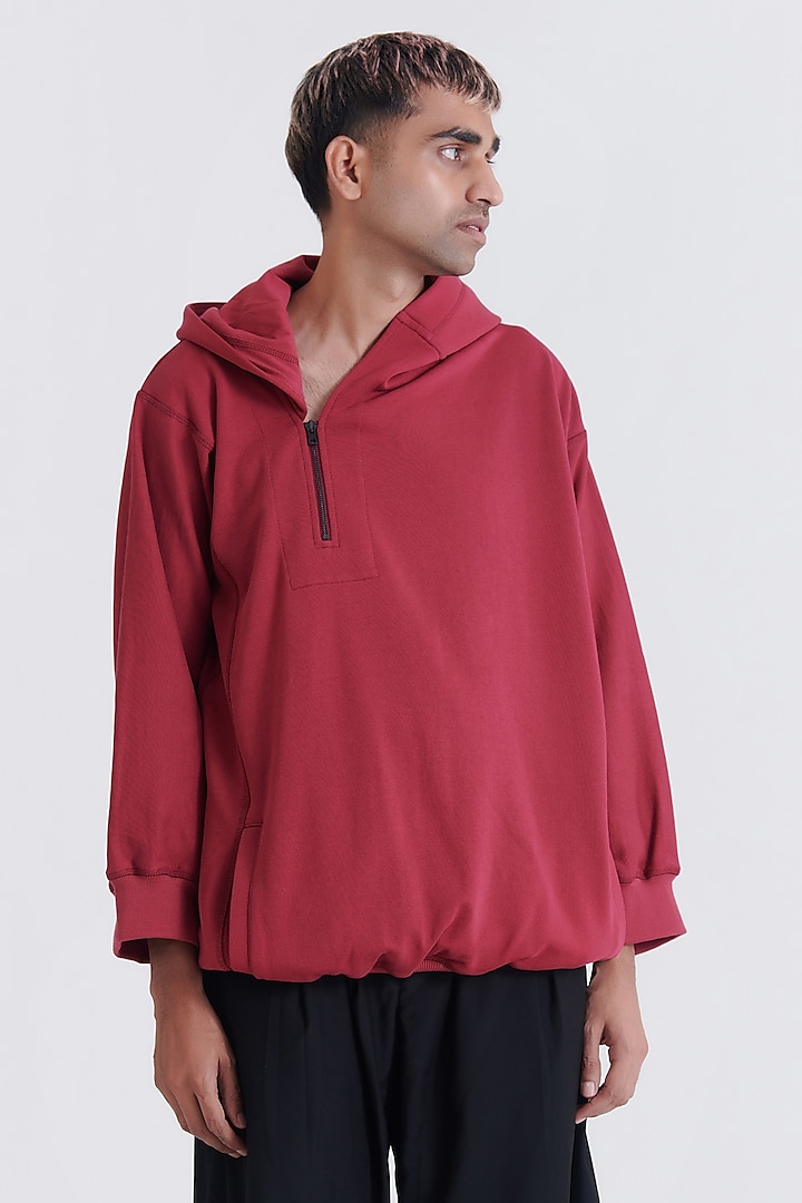 Tibetan Red Cotton Embroidered Hoodie by No Grey Area