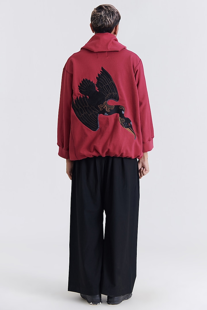 Tibetan Red Cotton Embroidered Hoodie by No Grey Area at Pernia's Pop Up Shop