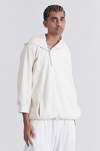 Off-White Cotton Embroidered Hoodie by No Grey Area Men