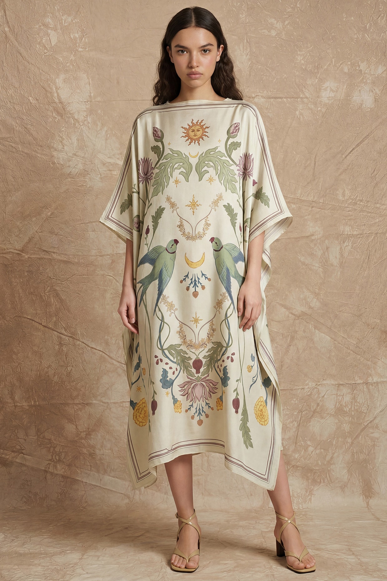 NO GREY AREA Marshmallow-Colored Silk Twill Printed Kaftan