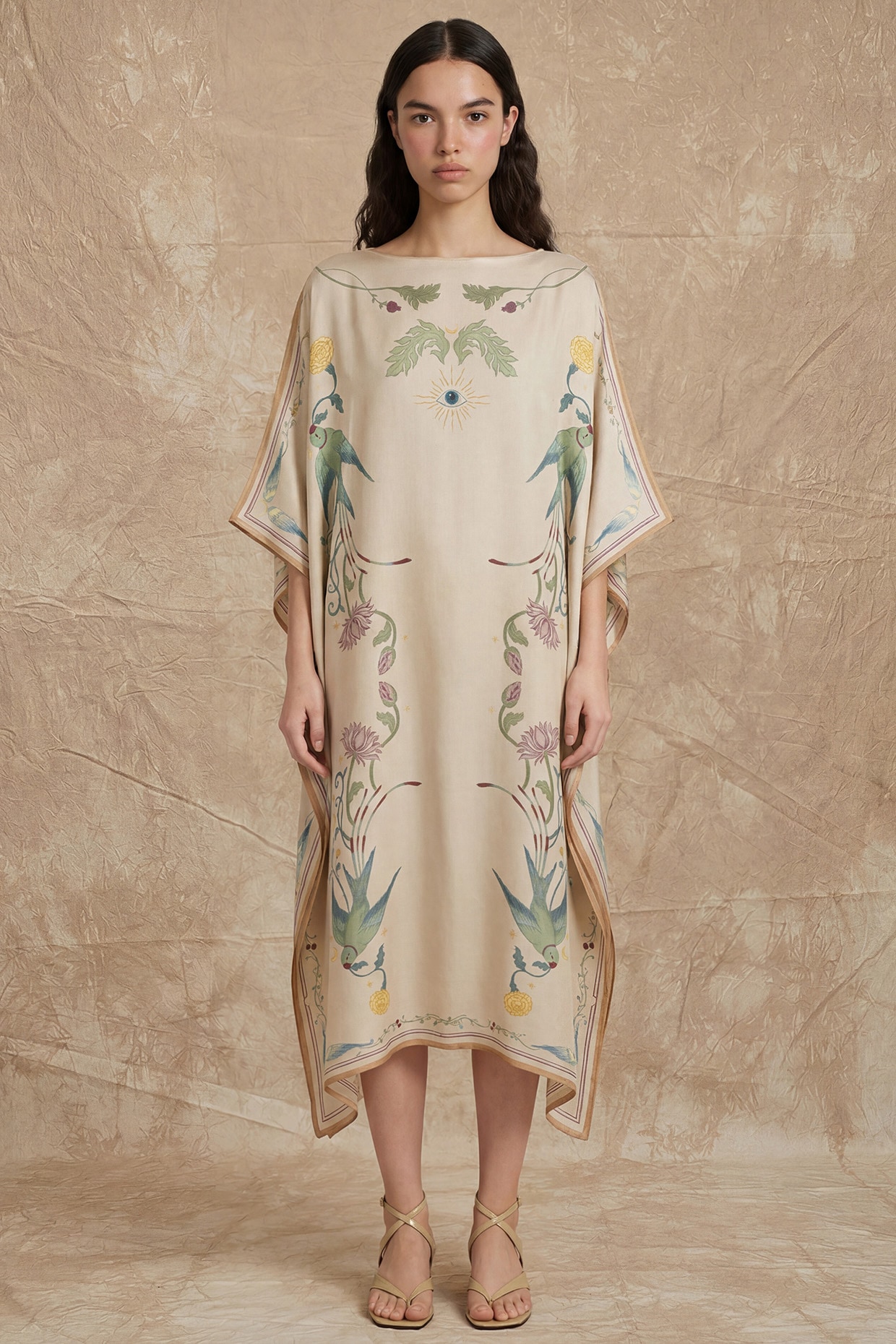 NO GREY AREA Sea Pearl Silk Twill Bloom Printed Kaftan