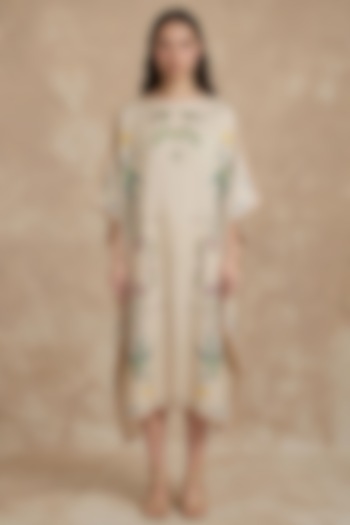 Sea Pearl Silk Twill Bloom Printed Kaftan by NO GREY AREA at Pernia's Pop Up Shop