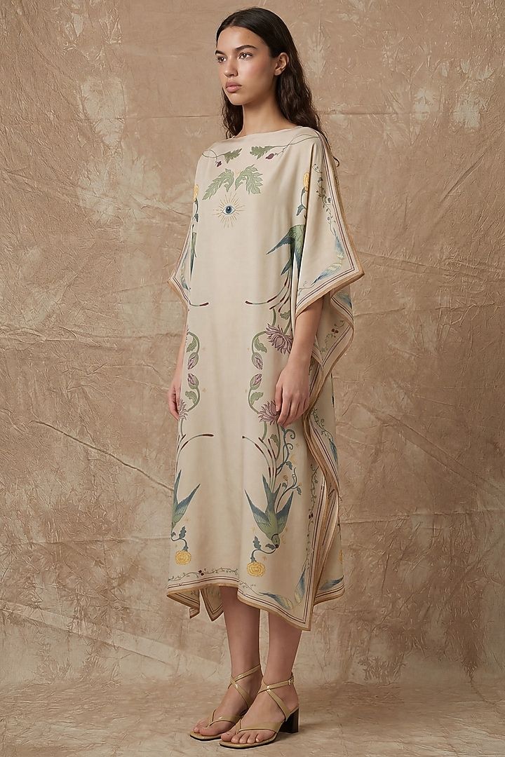 Sea Pearl Silk Twill Bloom Printed Kaftan by NO GREY AREA at Pernia's Pop Up Shop