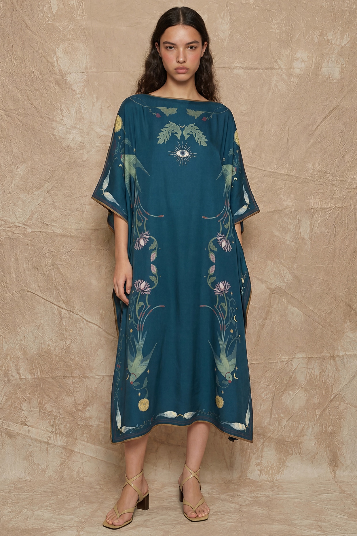 NO GREY AREA Midnight Blue Silk Twill Sun Sigil Printed Kaftan