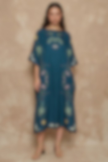 Midnight Blue Silk Twill Sun Sigil Printed Kaftan by NO GREY AREA at Pernia's Pop Up Shop