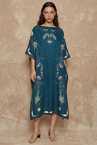 Midnight Blue Silk Twill Sun Sigil Printed Kaftan by NO GREY AREA