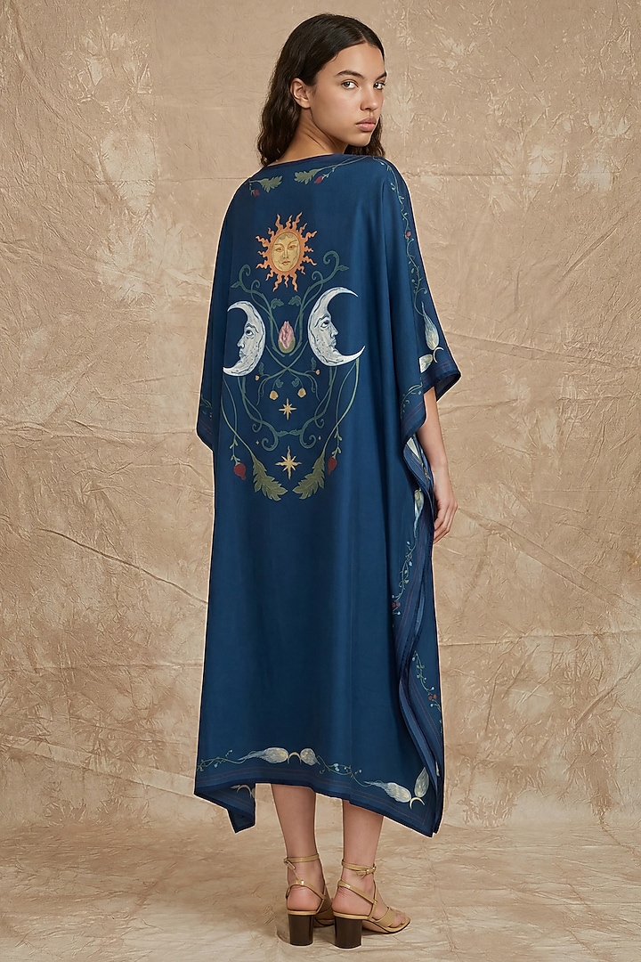 Midnight Blue Silk Twill Sun Sigil Printed Kaftan by NO GREY AREA at Pernia's Pop Up Shop
