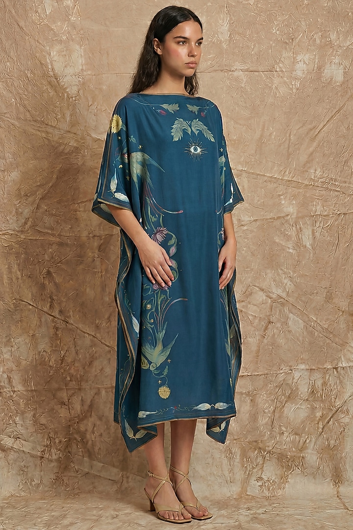 Midnight Blue Silk Twill Sun Sigil Printed Kaftan by NO GREY AREA at Pernia's Pop Up Shop