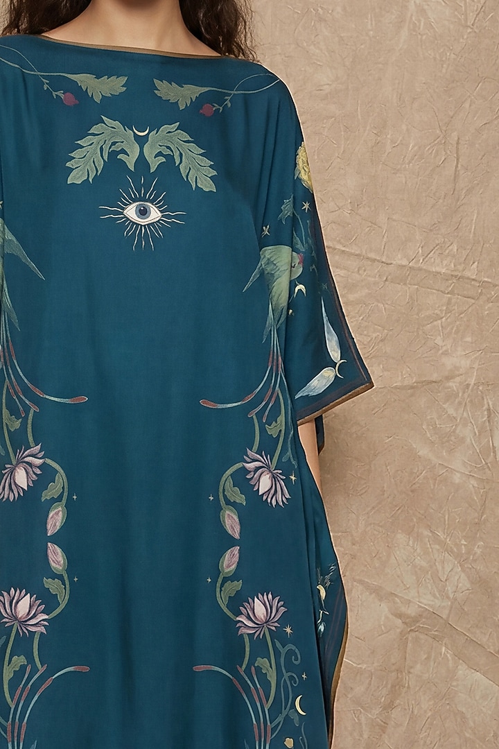 Midnight Blue Silk Twill Sun Sigil Printed Kaftan by NO GREY AREA at Pernia's Pop Up Shop