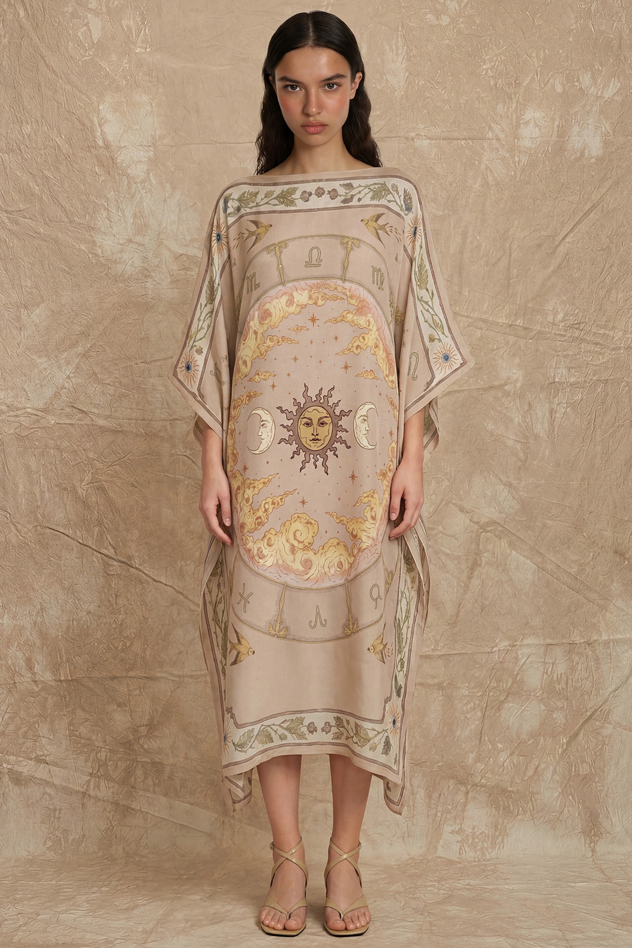 NO GREY AREA Rose Dust Silk Twill Zodiac Printed Kaftan