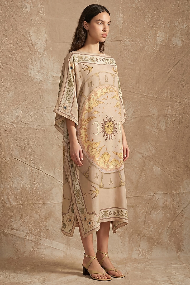 Rose Dust Silk Twill Zodiac Printed Kaftan by NO GREY AREA at Pernia's Pop Up Shop