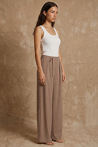 Sand-Colored Silk Twill Wide-Leg Pants by NO GREY AREA