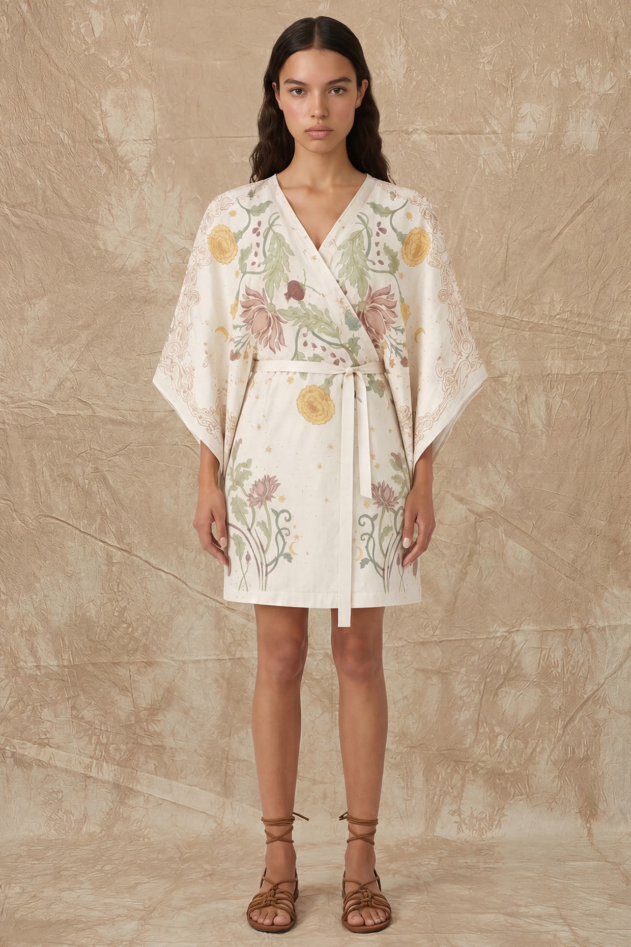NO GREY AREA Marshmallow-Colored Silk Twill Bloom Printed Wrap Kaftan