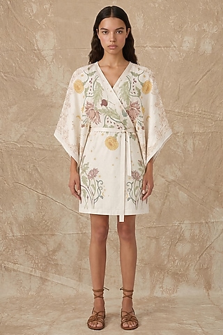 Marshmallow-Colored Silk Twill Bloom Printed Wrap Kaftan by NO GREY AREA