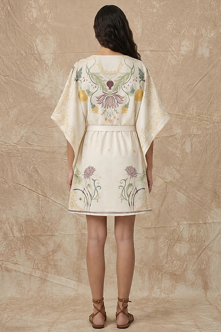 Marshmallow-Colored Silk Twill Bloom Printed Wrap Kaftan by NO GREY AREA at Pernia's Pop Up Shop