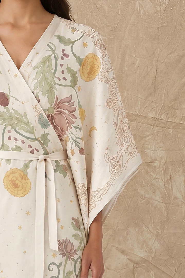 Marshmallow-Colored Silk Twill Bloom Printed Wrap Kaftan by NO GREY AREA at Pernia's Pop Up Shop