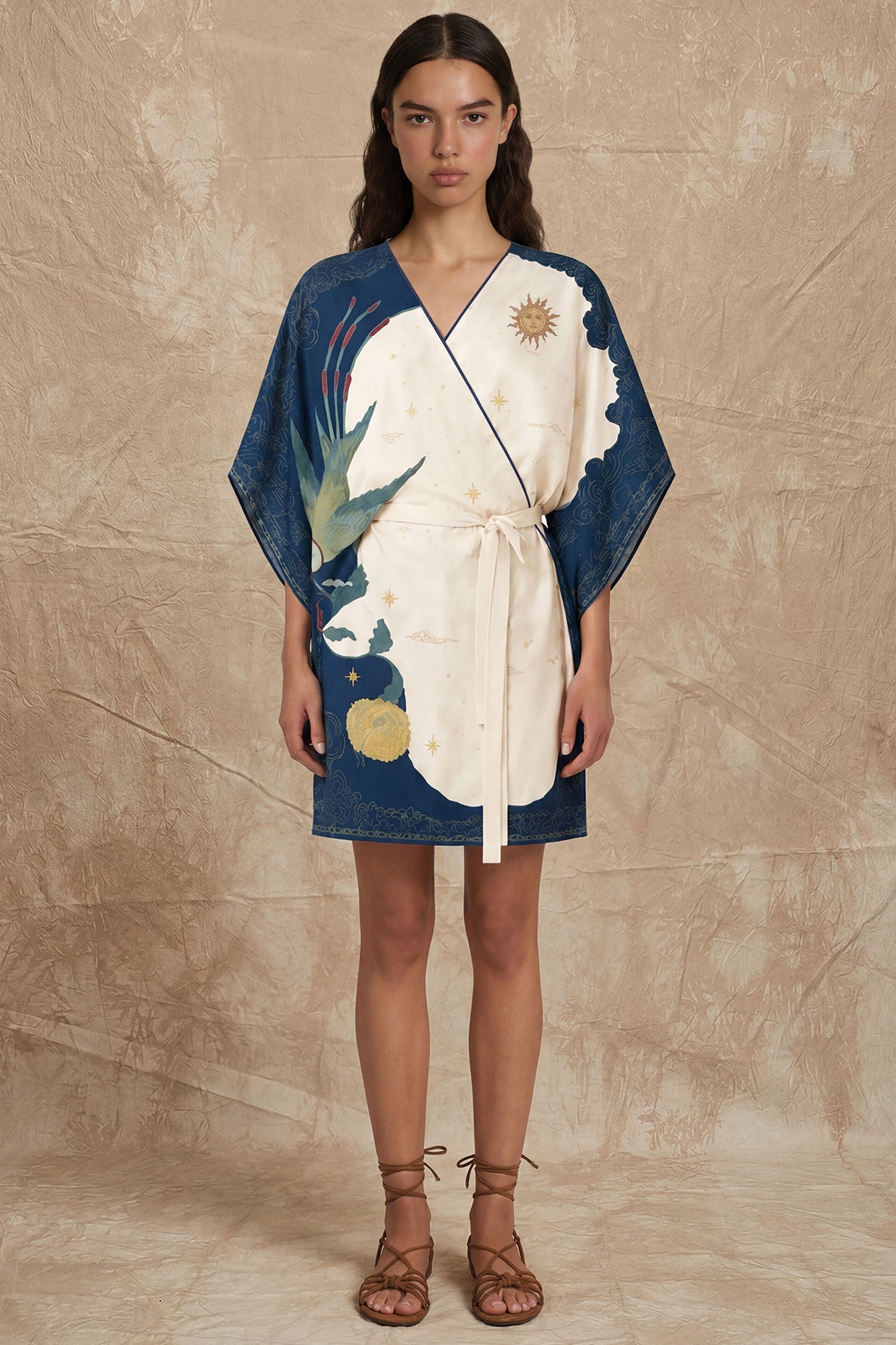 NO GREY AREA Marshmallow & Midnight Silk Twill Printed Wrap Kaftan