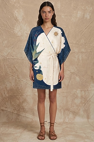 Marshmallow & Midnight Silk Twill Printed Wrap Kaftan by NO GREY AREA