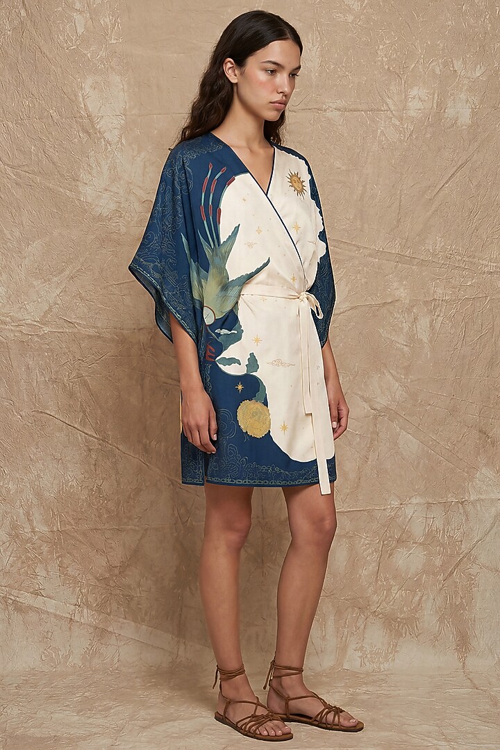 Marshmallow & Midnight Silk Twill Printed Wrap Kaftan by NO GREY AREA at Pernia's Pop Up Shop
