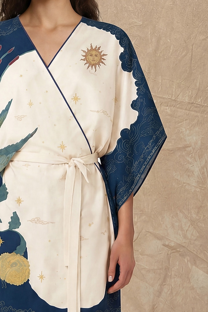 Marshmallow & Midnight Silk Twill Printed Wrap Kaftan by NO GREY AREA at Pernia's Pop Up Shop