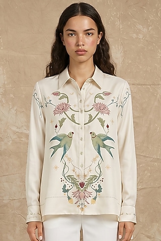 Marshmallow-Colored Modal Seeds Of Paradise Printed Shirt by NO GREY AREA