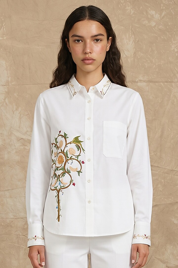 White Cotton Poplin Tree Of Life Printed Boxy Shirt by NO GREY AREA at Pernia's Pop Up Shop