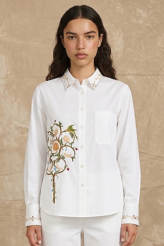 White Cotton Poplin Tree Of Life Printed Boxy Shirt by NO GREY AREA