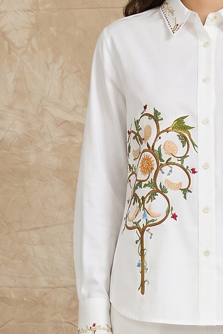 White Cotton Poplin Tree Of Life Printed Boxy Shirt by NO GREY AREA at Pernia's Pop Up Shop