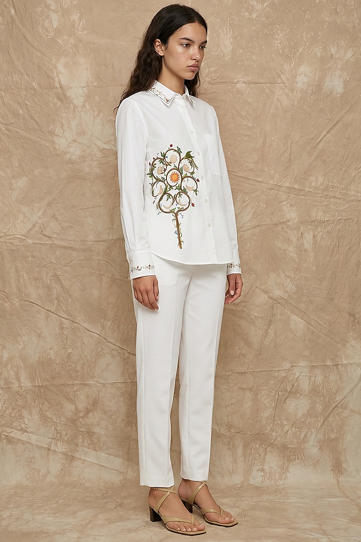 White Cotton Poplin Tree Of Life Printed Boxy Shirt by NO GREY AREA at Pernia's Pop Up Shop