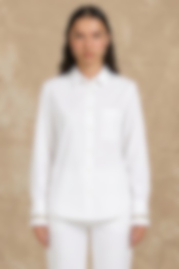 White Cotton Poplin & Silk Zodiac Printed Boxy Shirt by NO GREY AREA at Pernia's Pop Up Shop