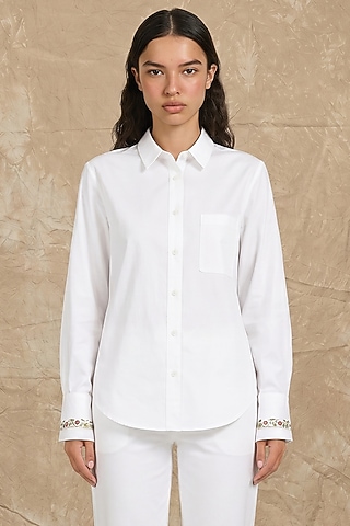 White Cotton Poplin & Silk Zodiac Printed Boxy Shirt by NO GREY AREA