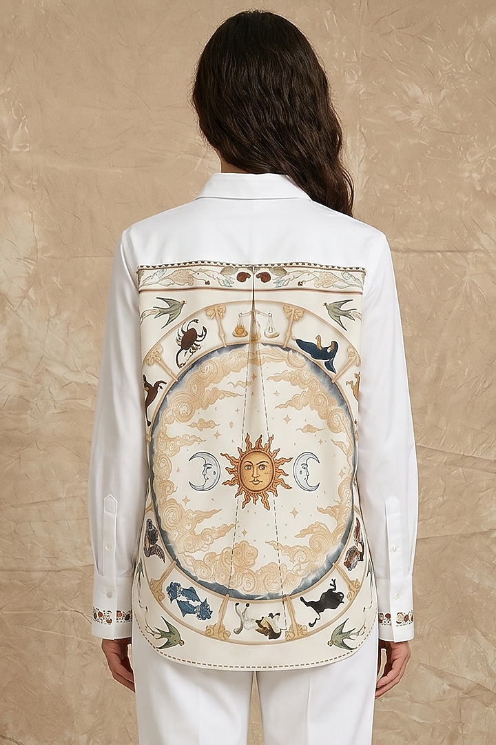 White Cotton Poplin & Silk Zodiac Printed Boxy Shirt by NO GREY AREA at Pernia's Pop Up Shop