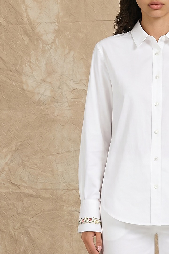 White Cotton Poplin & Silk Zodiac Printed Boxy Shirt by NO GREY AREA at Pernia's Pop Up Shop