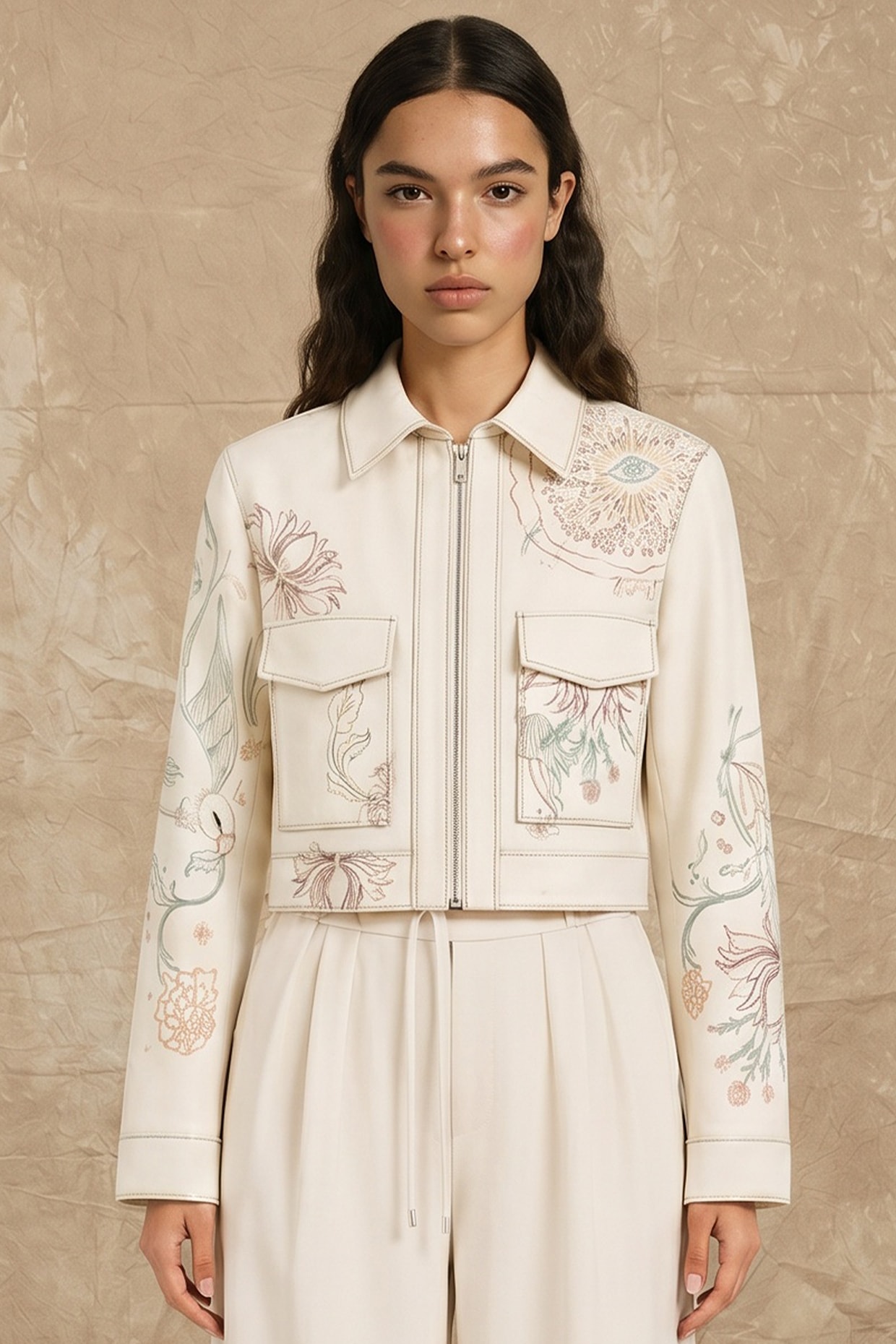 NO GREY AREA Marshmallow-Colored Cotton Twill Printed Boxy Jacket