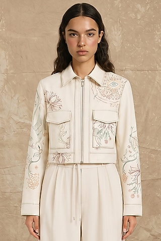 Marshmallow-Colored Cotton Twill Printed Boxy Jacket by NO GREY AREA