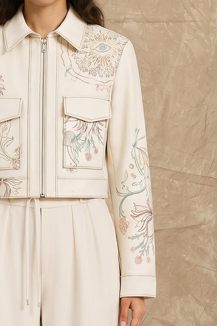 Marshmallow-Colored Cotton Twill Printed Boxy Jacket by NO GREY AREA at Pernia's Pop Up Shop