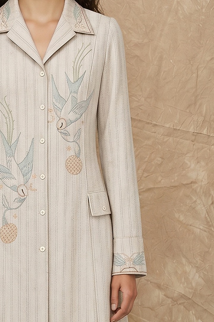 Marshmallow-Colored Cotton Linen Cosmic Bloom Printed Shirt Vacation Dress by NO GREY AREA at Pernia's Pop Up Shop
