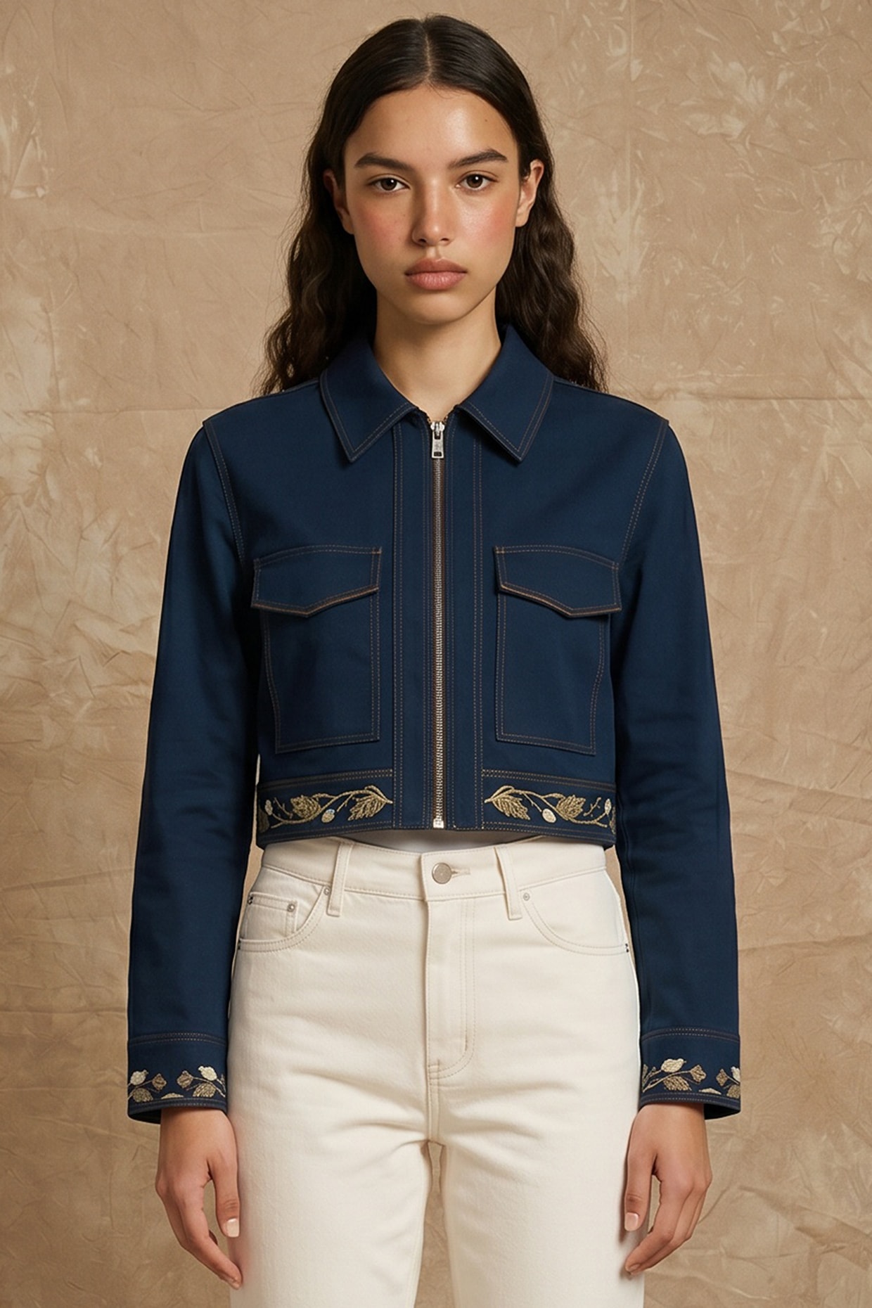 NO GREY AREA Midnight Blue Cotton Twill Printed Boxy Jacket