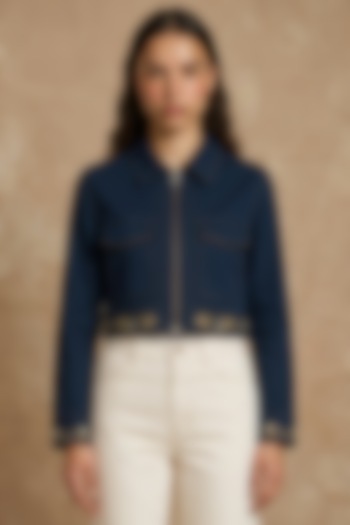 Midnight Blue Cotton Twill Printed Boxy Jacket by NO GREY AREA at Pernia's Pop Up Shop