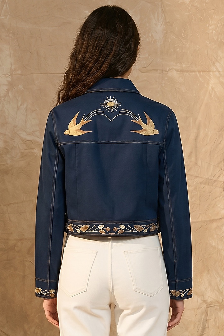 Midnight Blue Cotton Twill Printed Boxy Jacket by NO GREY AREA at Pernia's Pop Up Shop