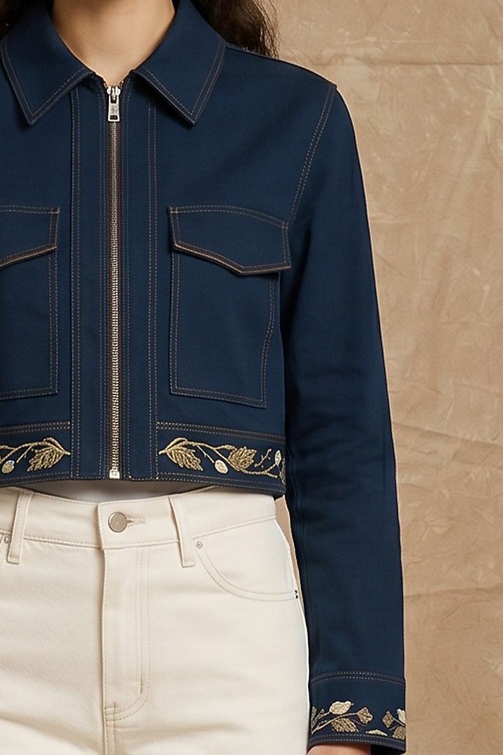 Midnight Blue Cotton Twill Printed Boxy Jacket by NO GREY AREA at Pernia's Pop Up Shop