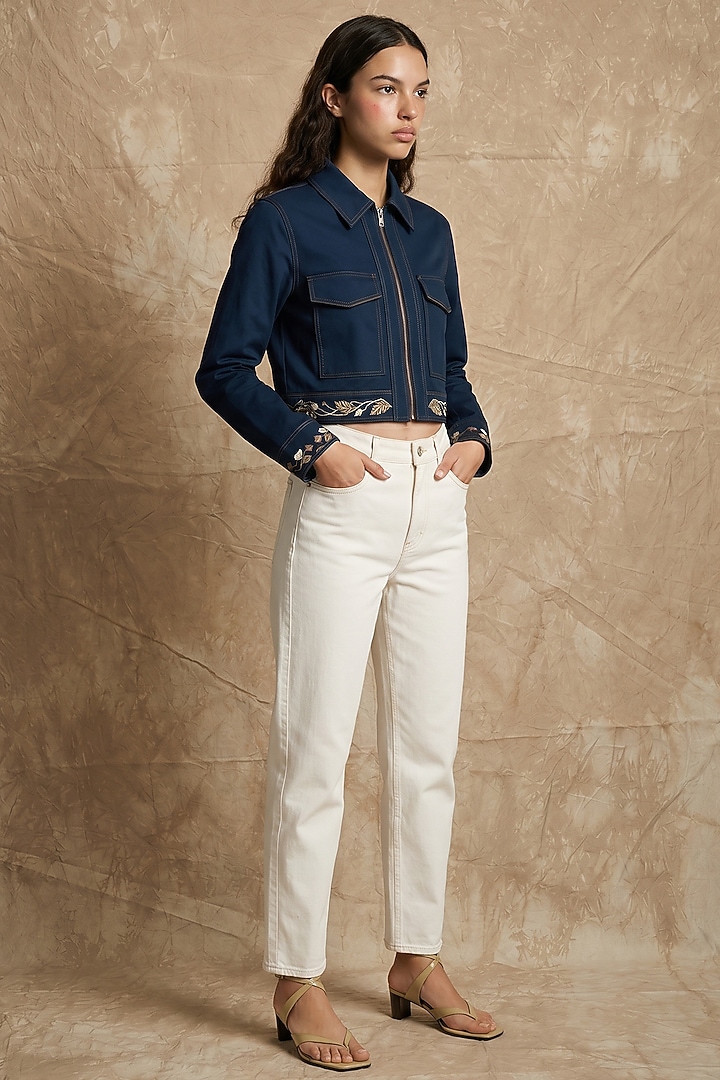Midnight Blue Cotton Twill Printed Boxy Jacket by NO GREY AREA at Pernia's Pop Up Shop