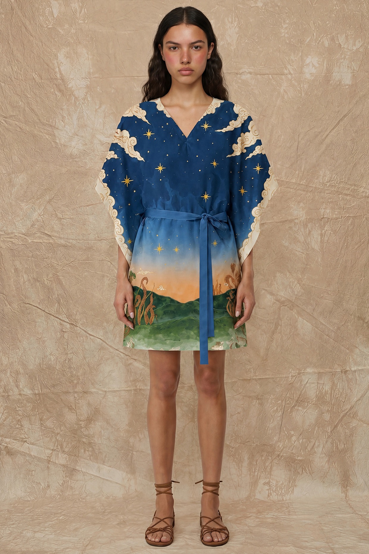 NO GREY AREA Midnight Blue Silk Twill Printed Wrap Kaftan