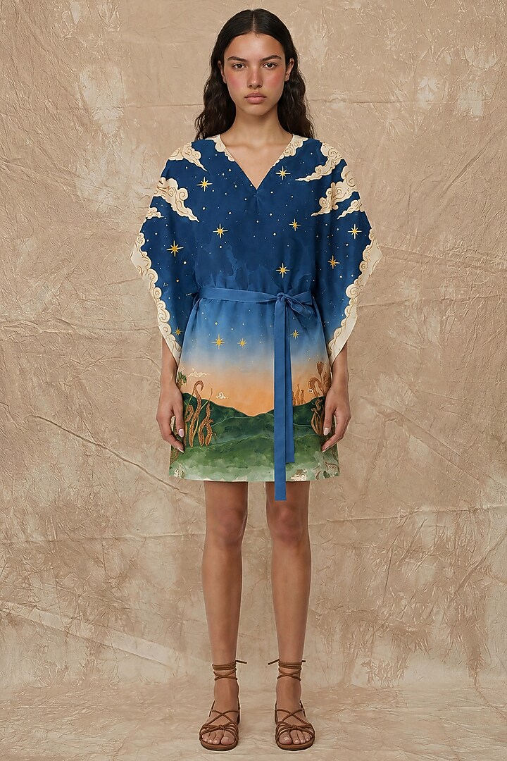 Midnight Blue Silk Twill Printed Wrap Kaftan by NO GREY AREA at Pernia's Pop Up Shop