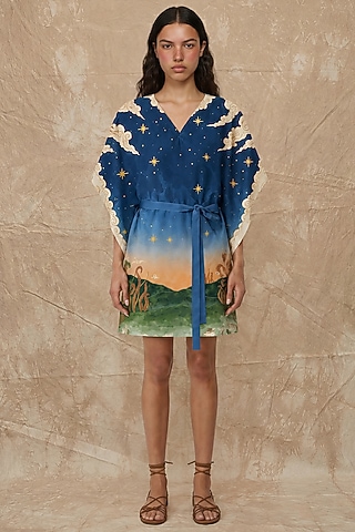 Midnight Blue Silk Twill Printed Wrap Kaftan by NO GREY AREA
