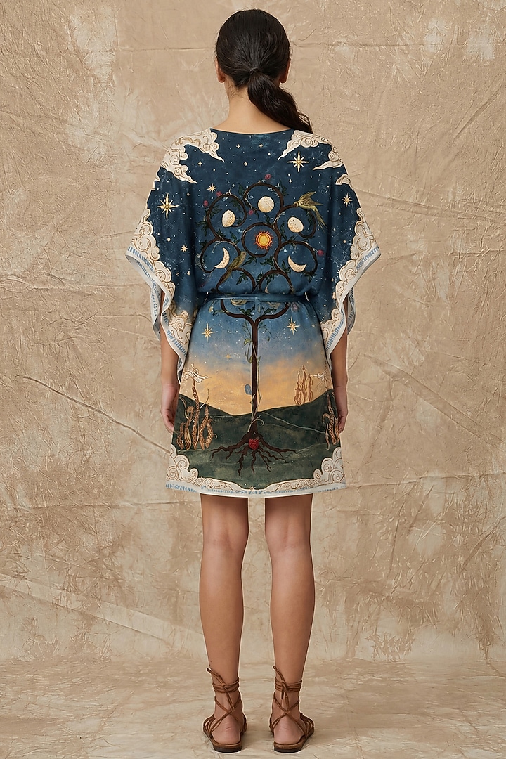 Midnight Blue Silk Twill Printed Wrap Kaftan by NO GREY AREA at Pernia's Pop Up Shop